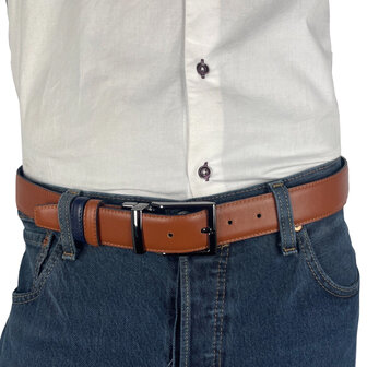 Leren riem, dubbelzijdig in de kleur donkerblauw of cognac - Arrigo