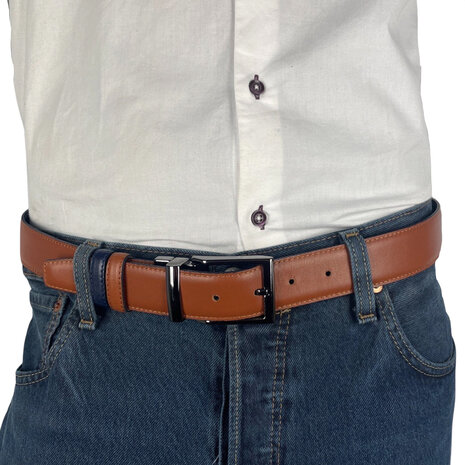 Leren riem, dubbelzijdig in de kleur donkerblauw of cognac - Arrigo