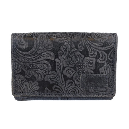 Dames portemonnee met bloemenprint van donkerblauw rundleer