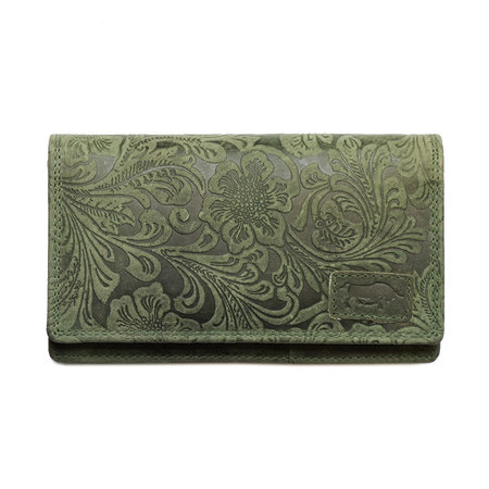 Ruime dames portemonnee van groen leer met bloemenprint