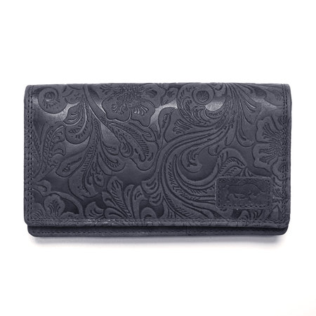Ruime dames portemonnee van donkerblauw leer met bloemenprint