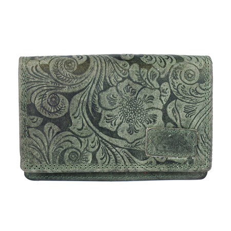 Leren Anti Skim Dames Portemonnee Groen - Bloemenprint
