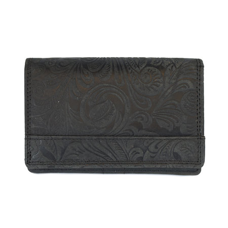 Dames Portemonnee - Anti Skim - Zwart Leer - Bloemenprint