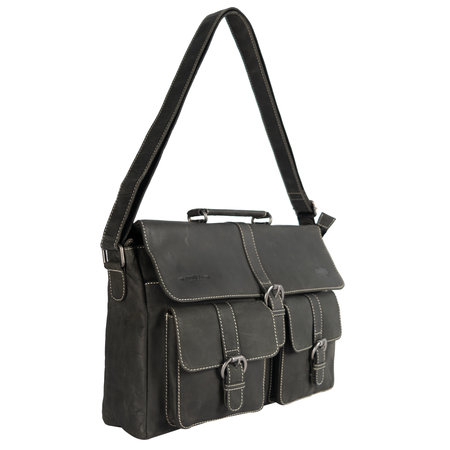 Messenger Bag Van Zwart Leer Met Klep En Gespen