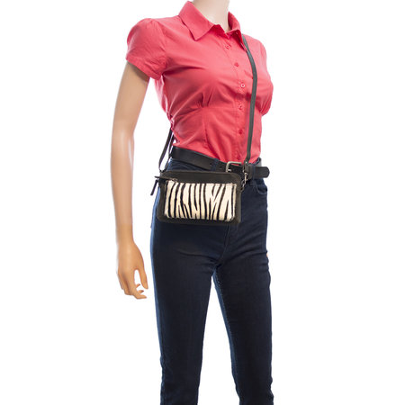 Black Leather Shoulder Bag Fanny Pack With A Zebra Print