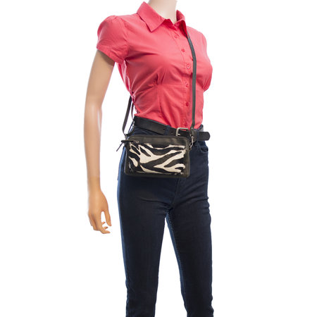 Black Leather Crossbody Bag Fanny Pack With A Zebra Print