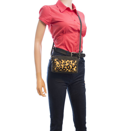 Black Leather Crossbody Bag Fanny Pack With A Jaguar Print