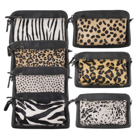 Black Leather Crossbody Bag Fanny Pack With A Leopard Print
