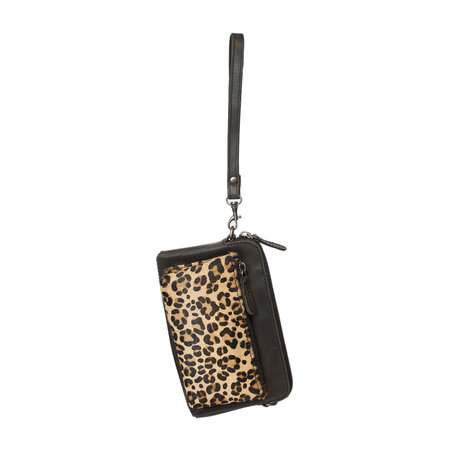 Black Leather Crossbody Bag Fanny Pack With A Leopard Print