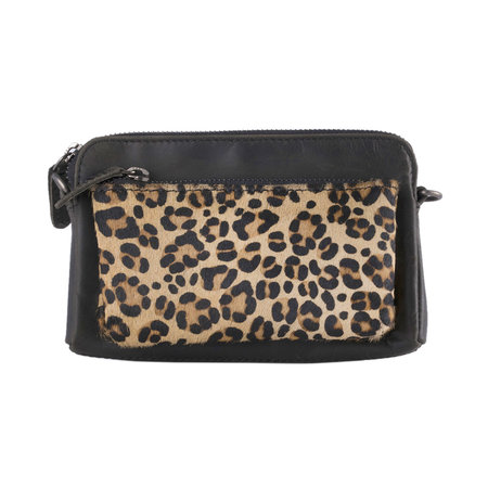 Leren Crossbody Tasje Zwart Met Een Luipaard Print