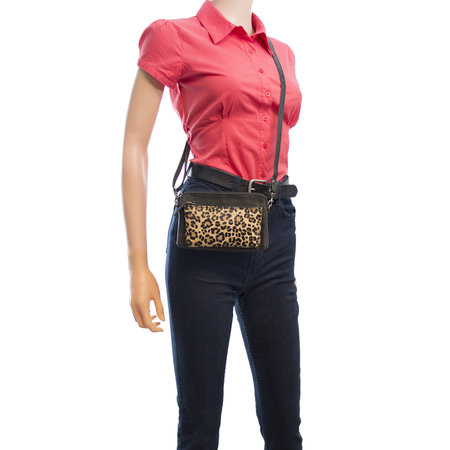 Black Leather Crossbody Bag Fanny Pack With A Leopard Print