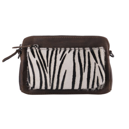 Brown Leather Crossbody Fanny Pack With A Zebra Print