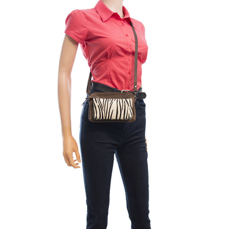 Brown Leather Crossbody Fanny Pack With A Zebra Print