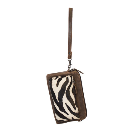 Dark Brown Leather Crossbody Fanny Pack With A Zebra Print