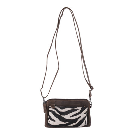 Dark Brown Leather Crossbody Fanny Pack With A Zebra Print