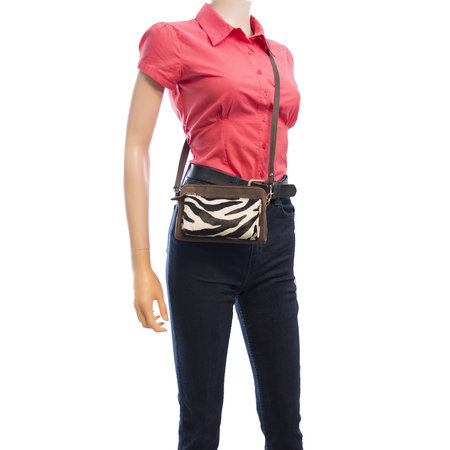 Dark Brown Leather Crossbody Fanny Pack With A Zebra Print