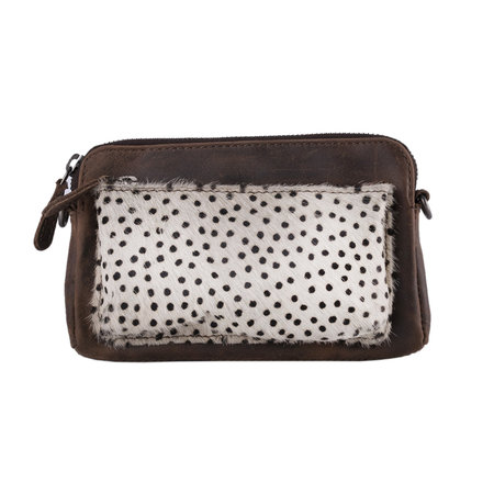 Dark Brown Leather Crossbody Fanny Pack With A White Cheetah Print