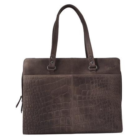 Laptoptas Van Donkerbruin Leer Met Kroko Print