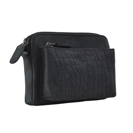 Shoulder Bag Of Black Buffalo Leather With A Crocodile Print