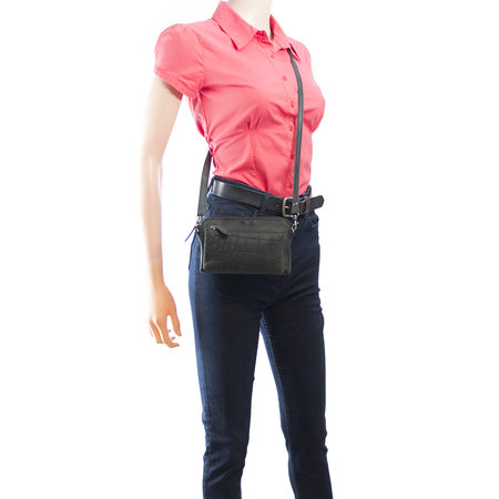 Shoulder Bag Of Black Buffalo Leather With A Crocodile Print