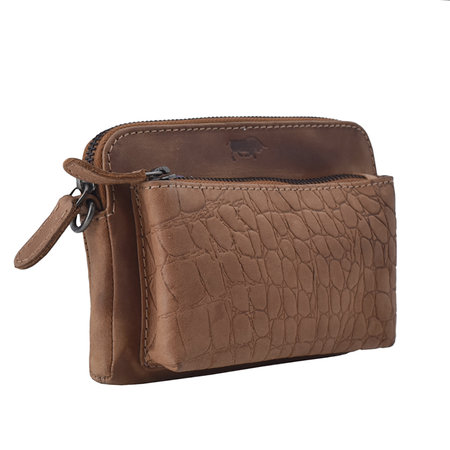 Clutch Van Lichtbruin Buffelleer Met Een Kroko Print