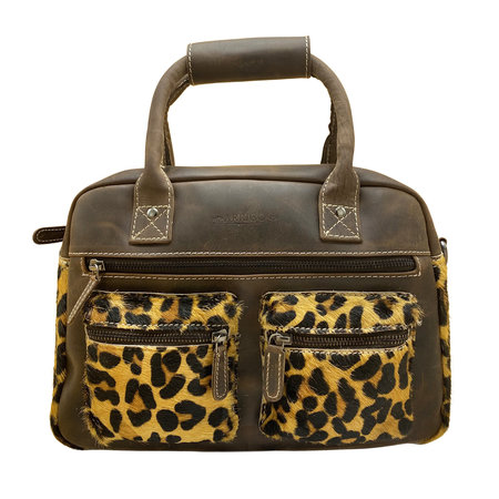Leather westernbag dark brown with a jaguar print