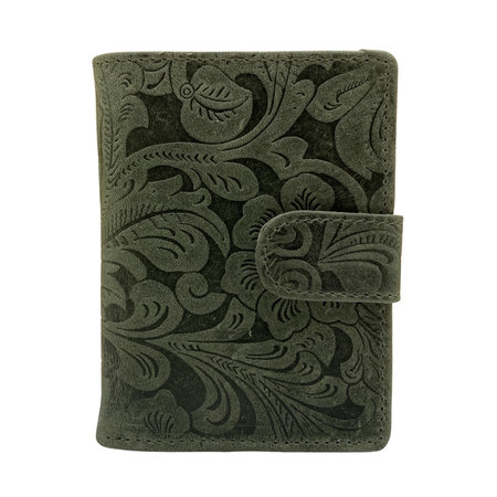 Leren Mini Portemonnee Groen met Card Protector en Bloemenprint