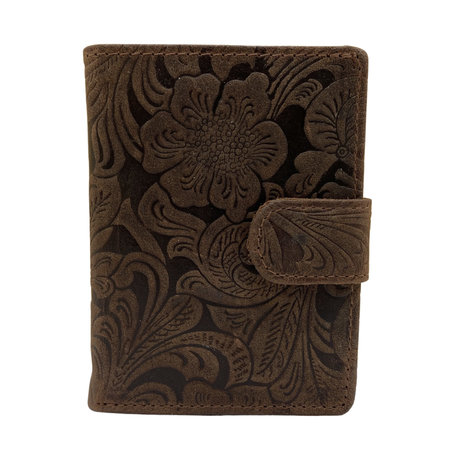 Leren Mini Portemonnee Bruin met Card Protector en Bloemenprint