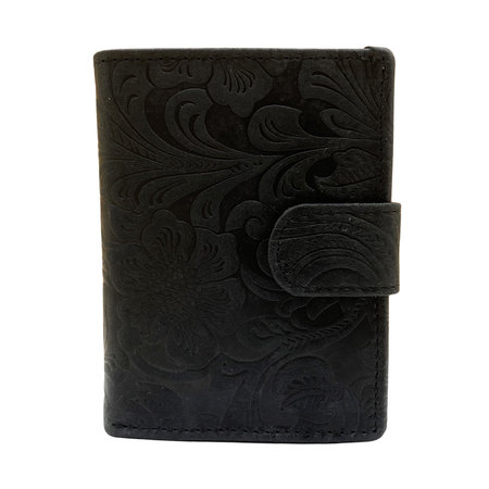 Leren Mini Portemonnee Zwart met Card Protector en Bloemenprint