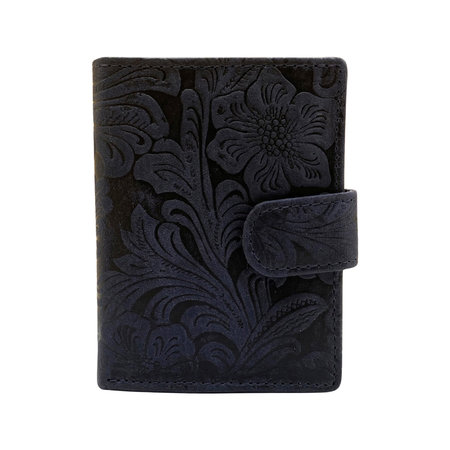 Leren Mini Portemonnee Donkerblauw met Card Protector en Bloemenprint