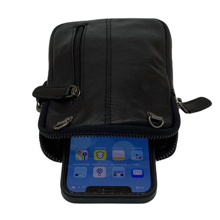 Black Leather Phone Pouch with Card Holders