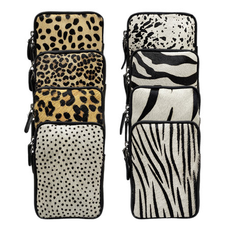 Black Leather Phone Pouch with Animal Print