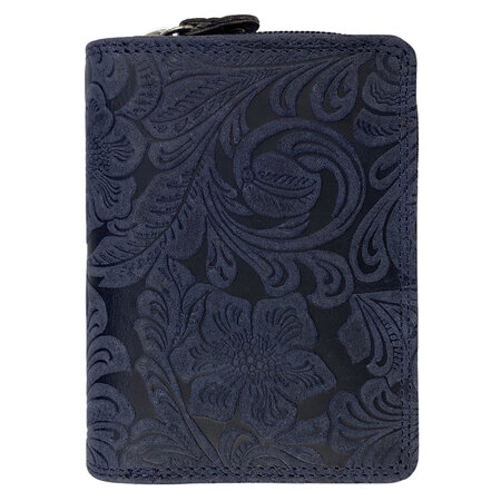 Dames Portemonnee met Bloemenprint van Donkerblauw Leer