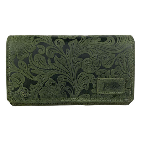 RFID dames portemonnee van groen leer met een bloemenprint