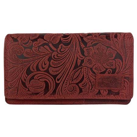 Ruime RFID dames portemonnee van rood leer met een bloemenprint