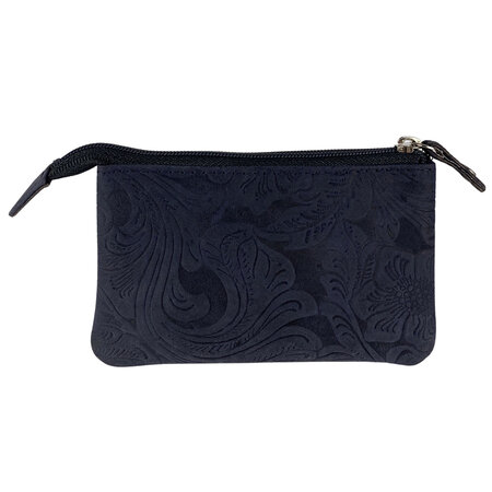 Sleuteletui Sleuteltasje van Donkerblauw Leer met Bloemenprint