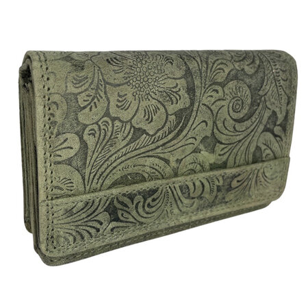Groene rundleren dames portemonnee met bloemenprint